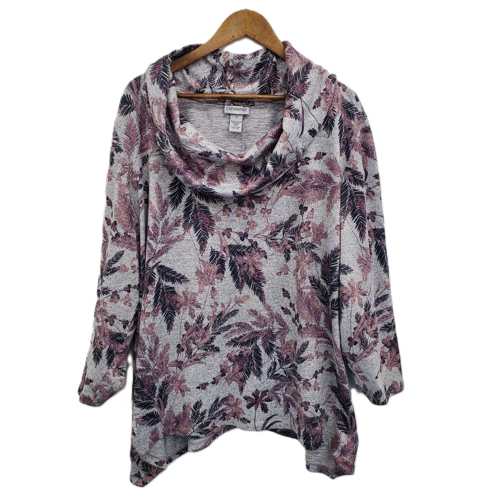 Catherines Womens 3X Floral Cowl Neck Tunic Top Purple Pink Gray Plus Blouse
